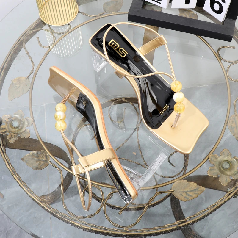 Beaded sandals summer toe clip transparent high-heeled womens shoes Western fashion banquet heeles sandals string of beads 240514