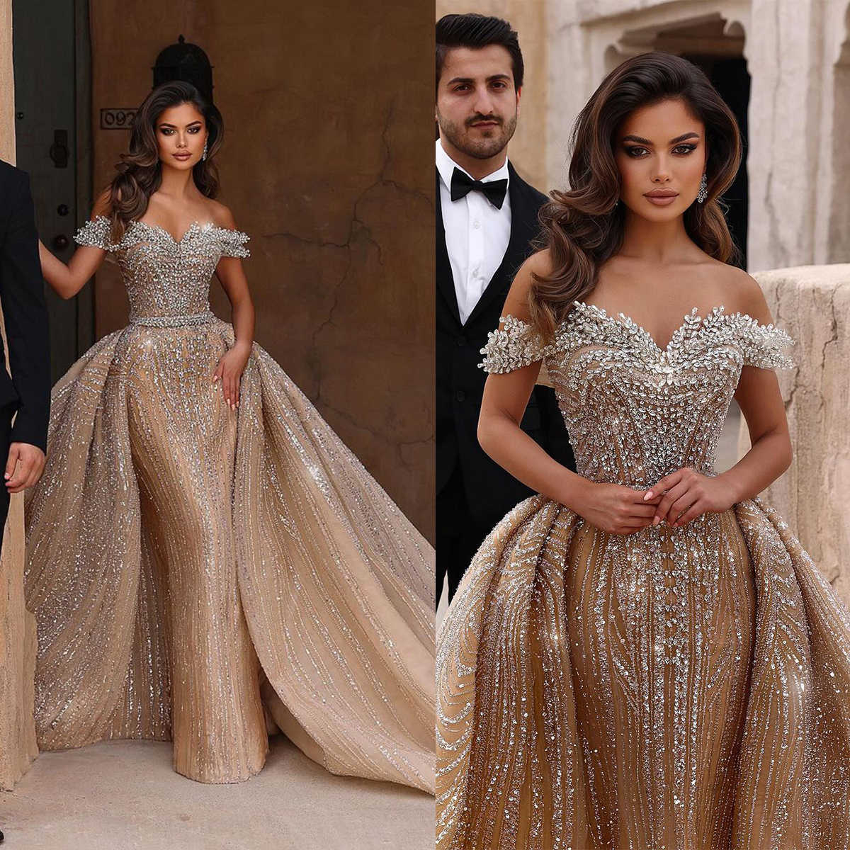 Wedding Dress For Women Off Shoulder Sleeveless Bridal Gown Sequins Crystal Detachable Train Dresses Custom Made