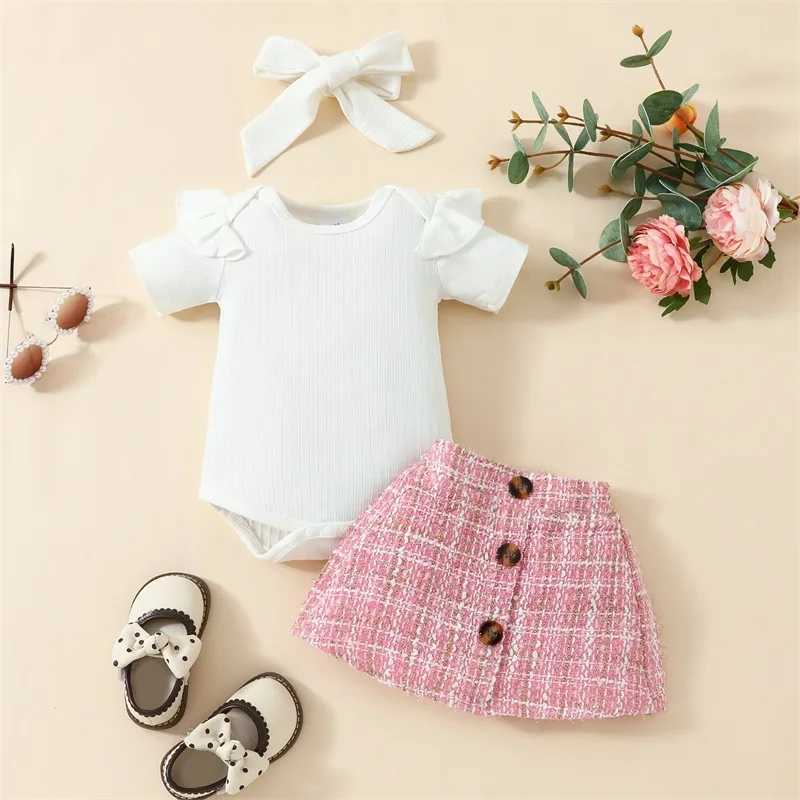 Clothing Sets 0-18months Baby Girls 3pcs Outfit Ruffles Short Sleeve Rompers Plaid Print Button Skirt Headband Infant Girls Summer Clothes Set