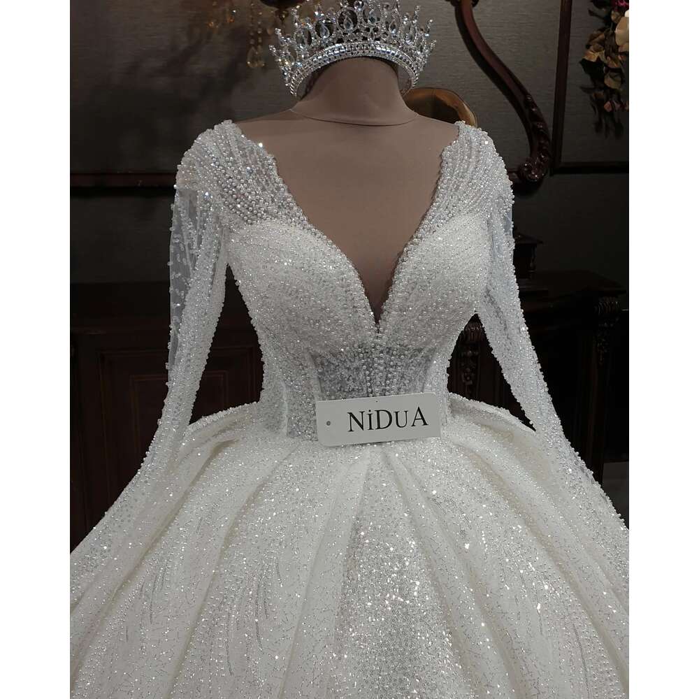 Exquisite Beading Wedding Dresses For Women Sequined Pearls V Neck Crystal Bridal Gowns Formal Ocn Vestidos De Novia