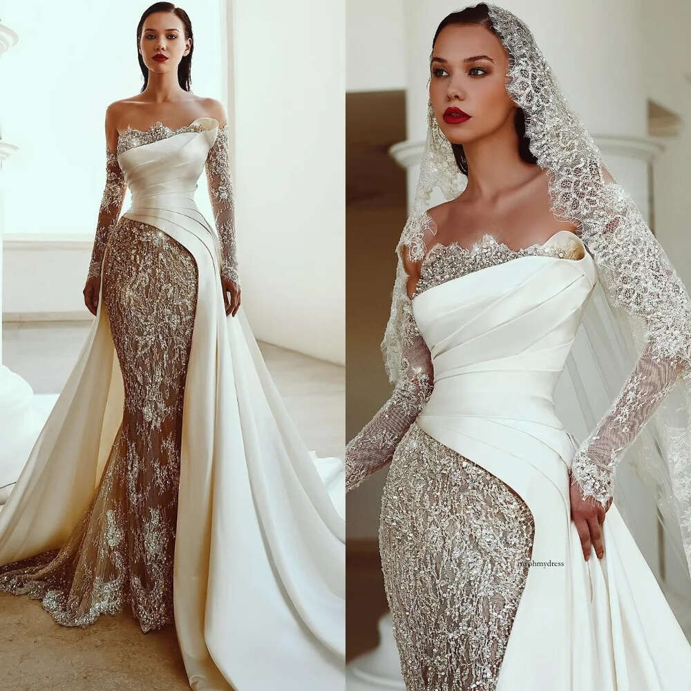 Vintage Mermaid Chart Wedding Dress For Bride Beads Lace Long Sleeves Wedding Dresses Bridal Gowns Pleats Satin Robe De Mariage 0515
