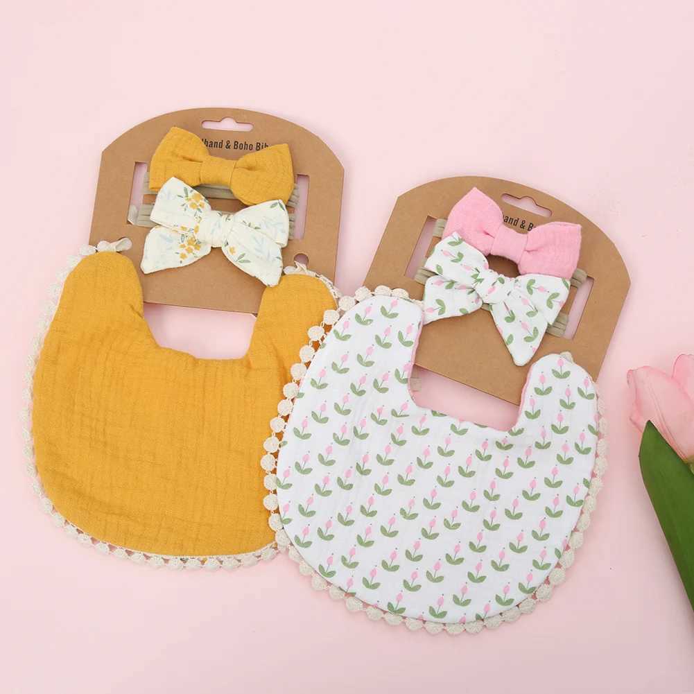 Bibs Burp Cloths 3Pcs/Set Baby Flower Bibs Headbands Bow Nylon Hairbands Double Side Saliva Towel Feeding Burp Cloth Scarf Boys Girls HeadwearL4812