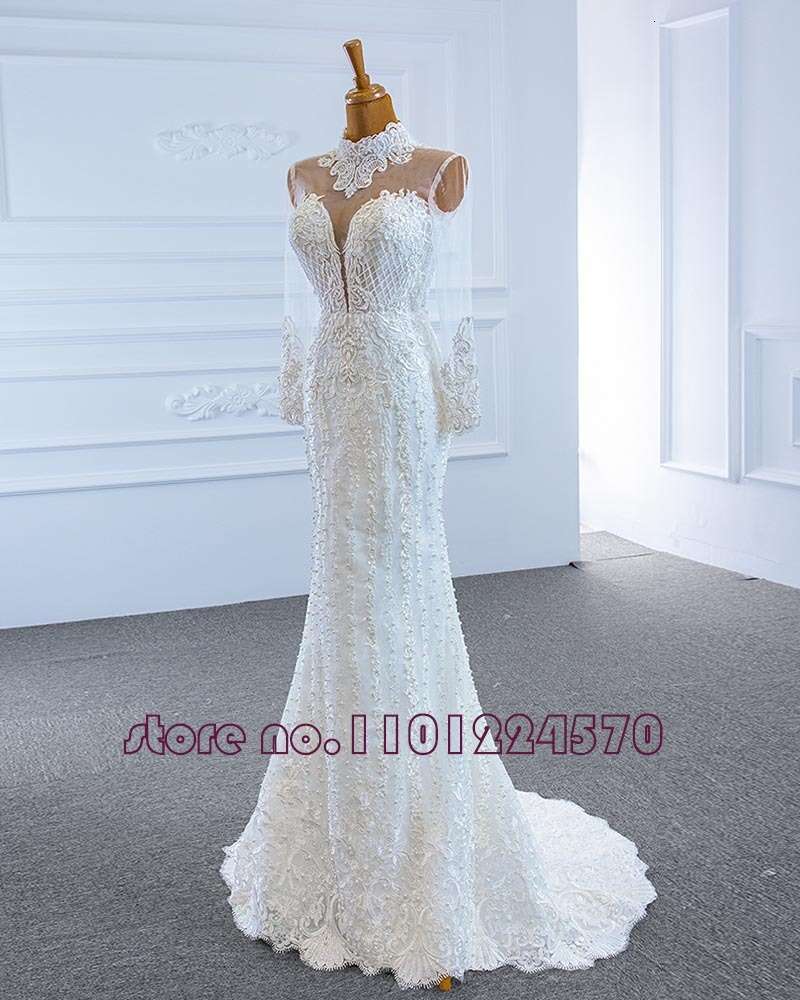 O-Neck Lace Up Back Long Sleeve Pearls Appliques 2 Pieces Mermaid Wedding Dress With Detachable Train Vestido de Noiva Sereia