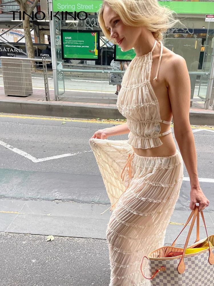 Fashion Solid Hang Neck Long Skirt Suit Women Backless Sling Top Lace Up Fold Maxi Skirts 2024 Spring Summer Female 2 Piece Set 240515