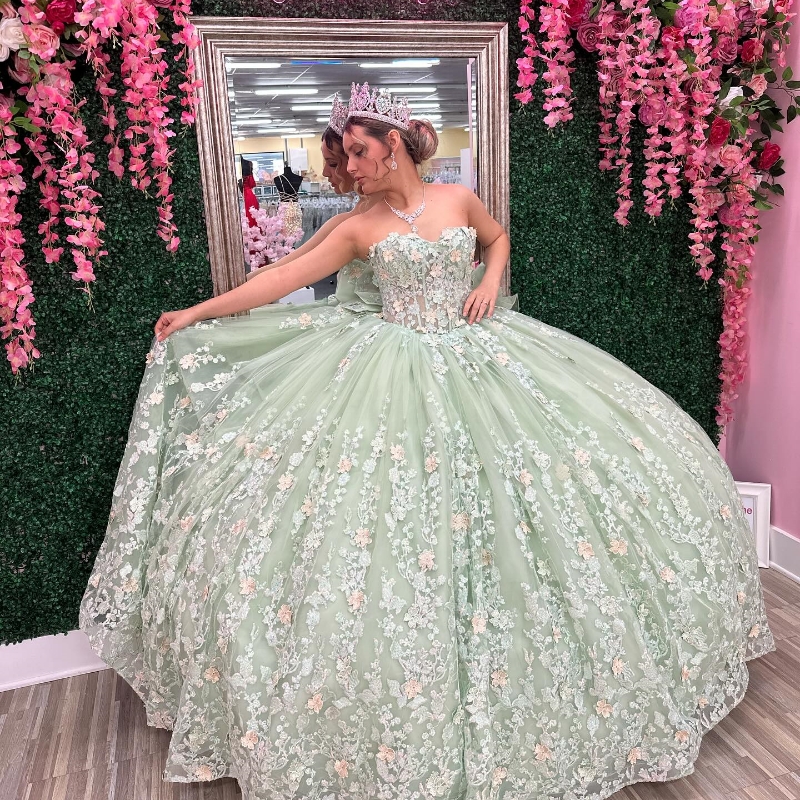 Mint Green Shiny Princess Ball Gown Quinceanera Off The Shoulder Applique Lace Tull Sequin Sweet 16 Dress Vestido 15 De