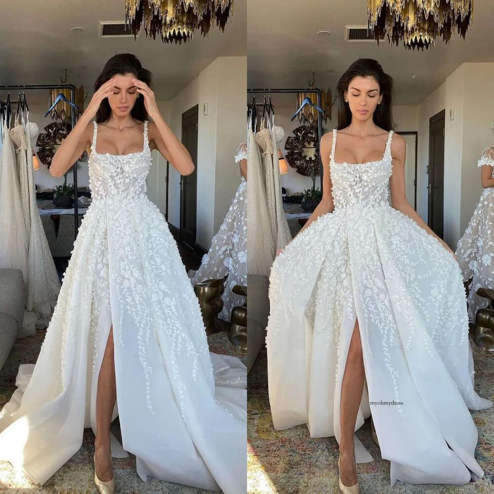 Straps Boho A Line Dresses For Bride Square Neck Appliques Wedding Dress Vestidos De Novia Front Slit Designer Bridal Gowns 0515