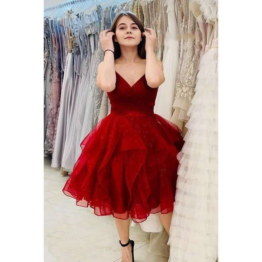 Glitter V Neck Tulle Homecoming Layered Ruffles Short Prom Spaghetti Straps Mini tail Dresses for Teens prom AMZ