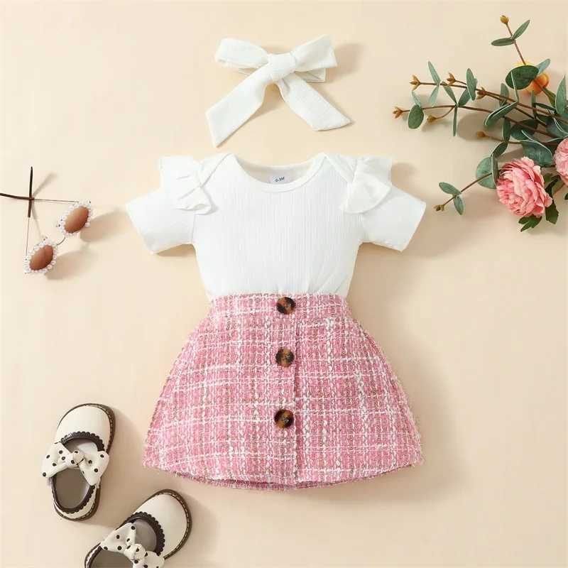 Clothing Sets 0-18months Baby Girls 3pcs Outfit Ruffles Short Sleeve Rompers Plaid Print Button Skirt Headband Infant Girls Summer Clothes Set