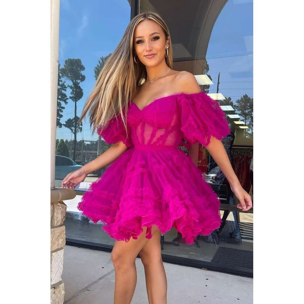 Off Shoulder A Line Homecoming Puffy Sleeve Tulle Short Prom Ruffles Mini Dresses for Party prom AMZ