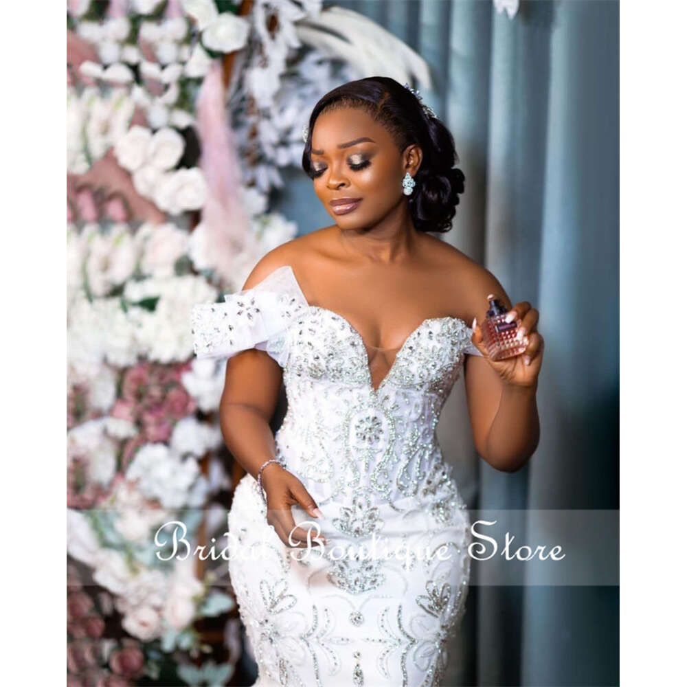 Brilliant African Mermaid Wedding Dress Off Shoulder Pearls Beading Elegant Bridal Gowns Vestido Novia Robe De Mariee Custom 0228Lz
