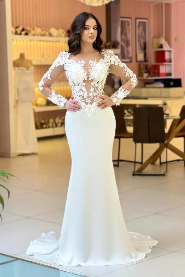 Modest Long Sleeve Sheer Appliques Lace Mermaid Wedding Dresses Arabic Dubai With Buttons Covered Back Bridal Gowns Custom Made Bc18671 0618