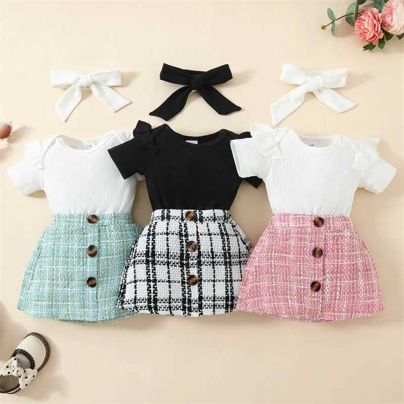 Clothing Sets 0-18months Baby Girls 3pcs Outfit Ruffles Short Sleeve Rompers Plaid Print Button Skirt Headband Infant Girls Summer Clothes Set