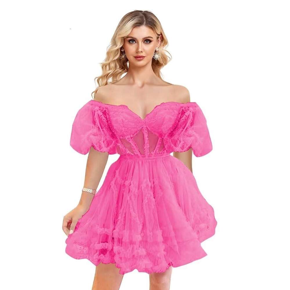 Off Shoulder A Line Homecoming Puffy Sleeve Tulle Short Prom Ruffles Mini Dresses for Party prom AMZ