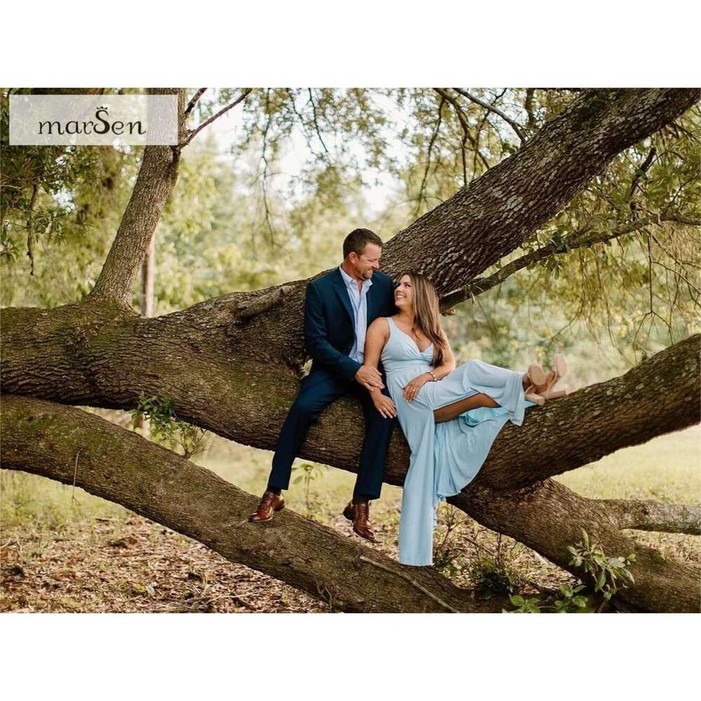 V Neck Satin Bridesmaid prom Split Prom Long A Line Formal Dresses for Women Bury Size 16 prom AMZ