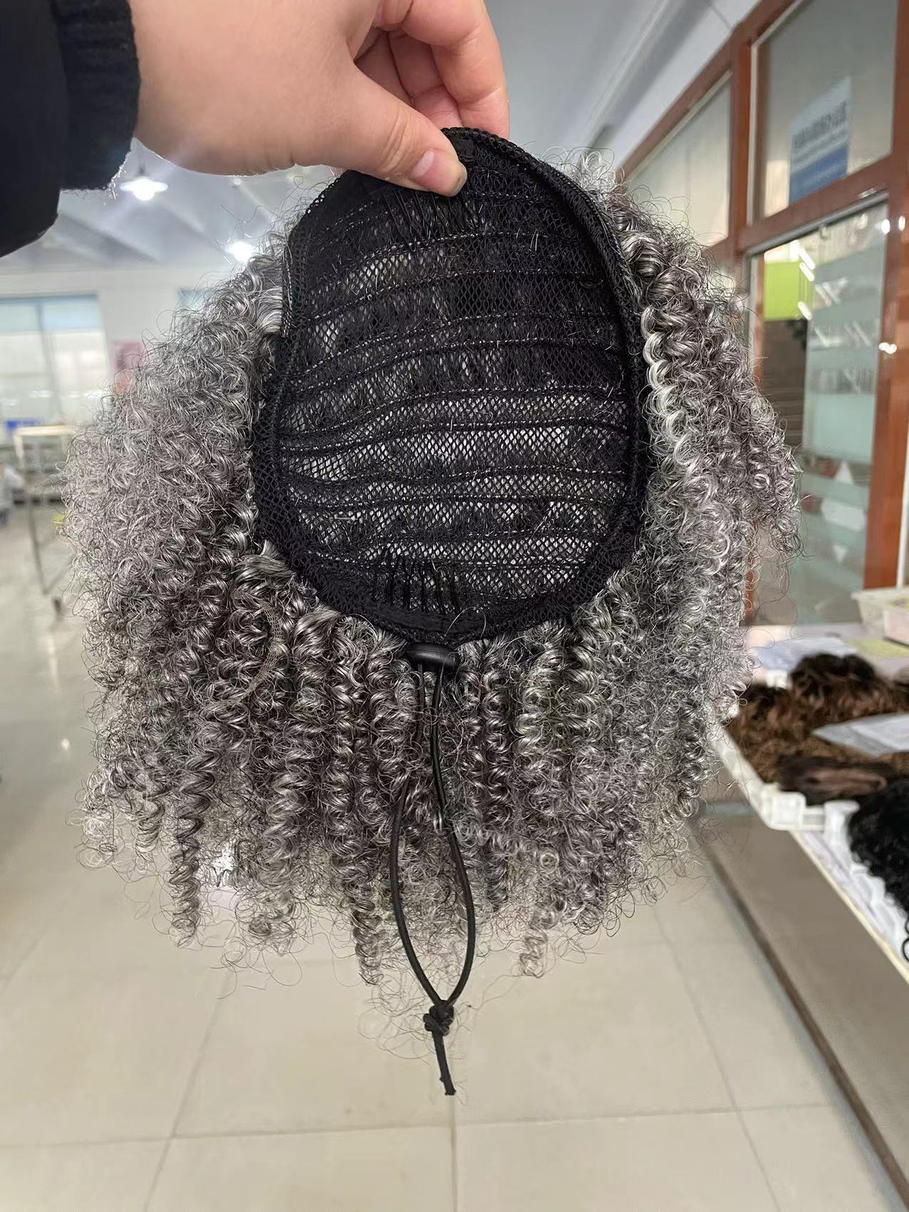 New Silver locs Grey kinky curly hair puff pony tail clip hairpiece, african american Amazing afro curl pony tail gray human hair extension