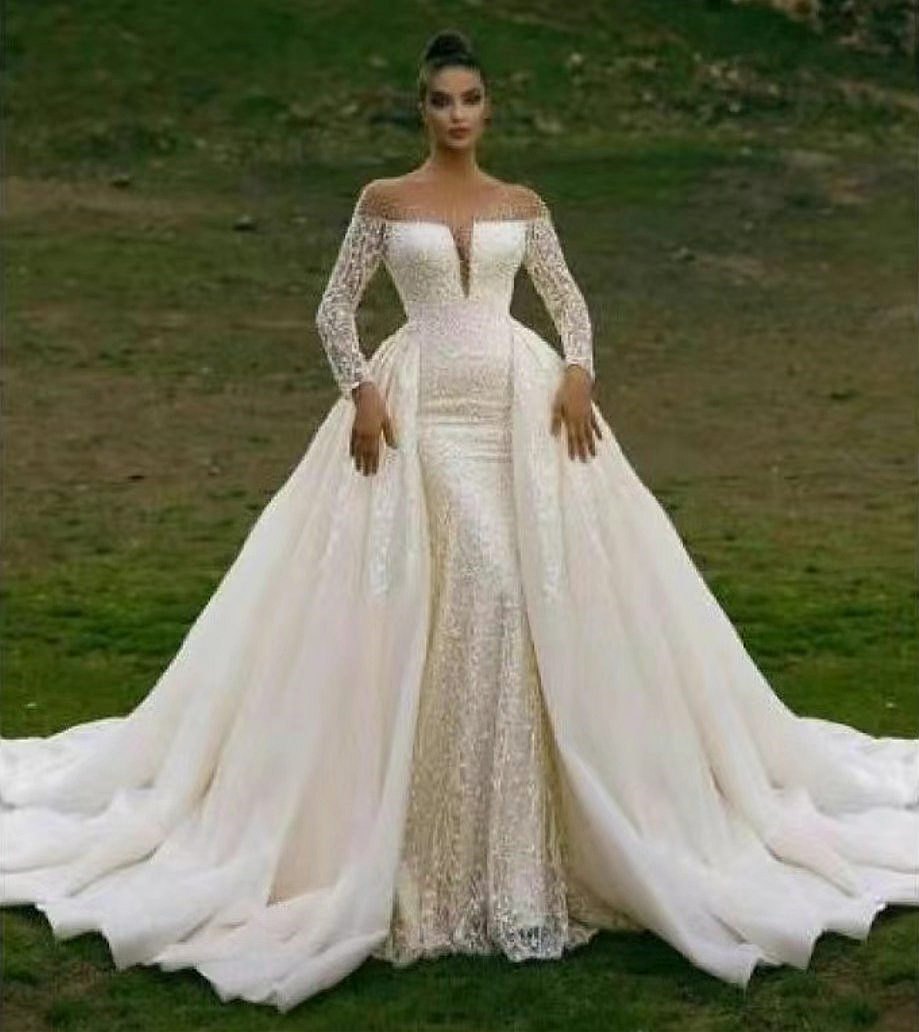 Vintage Ivory Lace Mermaid Wedding Dresses With Detachable Train Long Sleeves Elegant Bridal Gowns Sheer Jewel Neck Chapel Vestido De Novia 2024