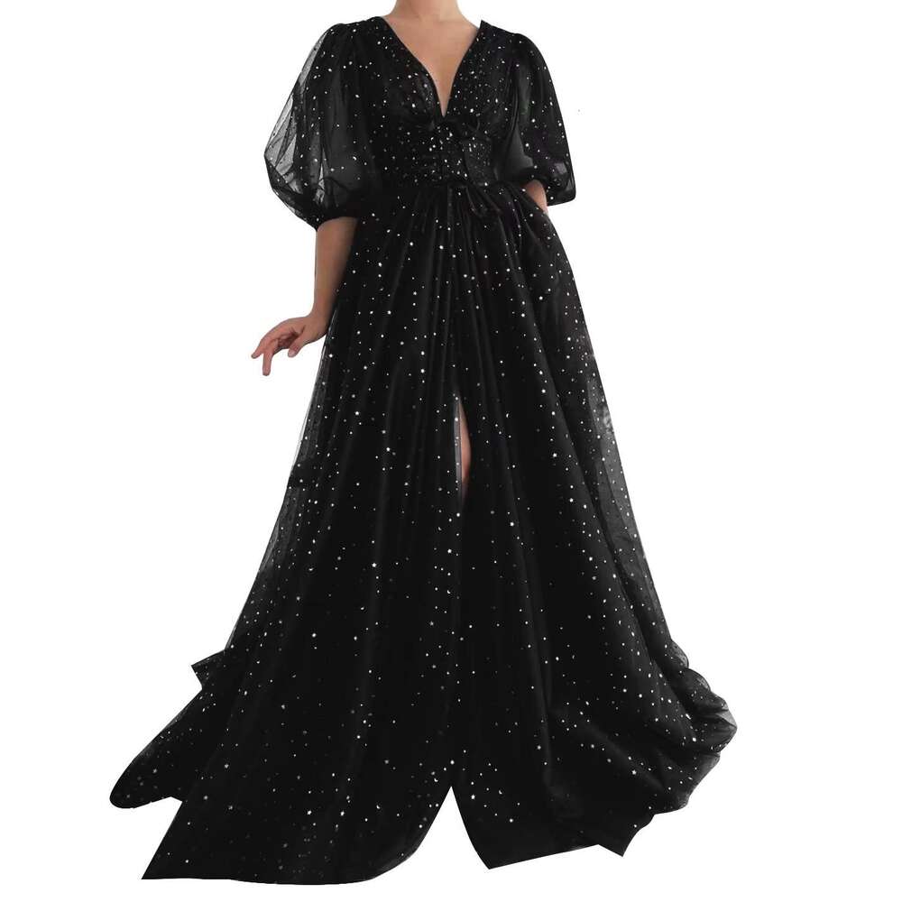 Starry Tulle Puffy Sleeve Prom Dress A Line Split Formal Long Sparkle V Neck Ball Gown Evening Party Gowns prom AMZ