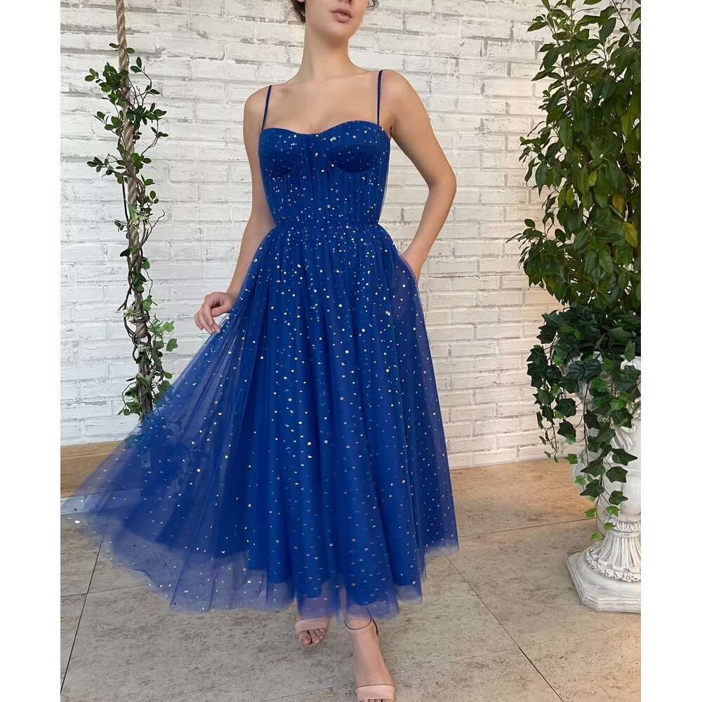 Spaghetti Straps Starry Tulle Prom Dresses Sparkly Tea Length Formal Evening Party Dress Sweetheart Ball Gown for Teens prom AMZ