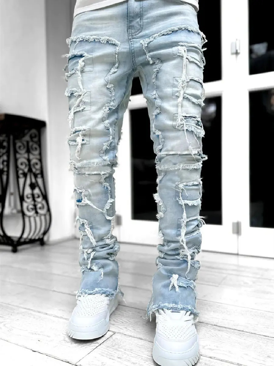 Ripped Jeans Male Retro Trend Street Style Fashion Spliced Slim Versatile Men Casual Straight Denim Pants 240430