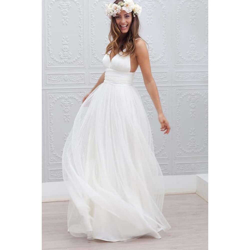 Simple V Neck prom Dress for Bride Spaghetti Straps Ruched Tulle Beach Bridal Gowns prom AMZ