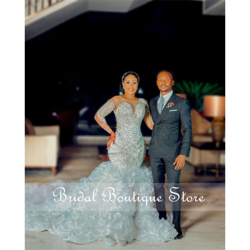 Pearls Mermaid Wedding Dress 2023 With Ruffle Long Sleeves Beading Crystals Sequins Bridal Gown Vestido De Noiva Corset