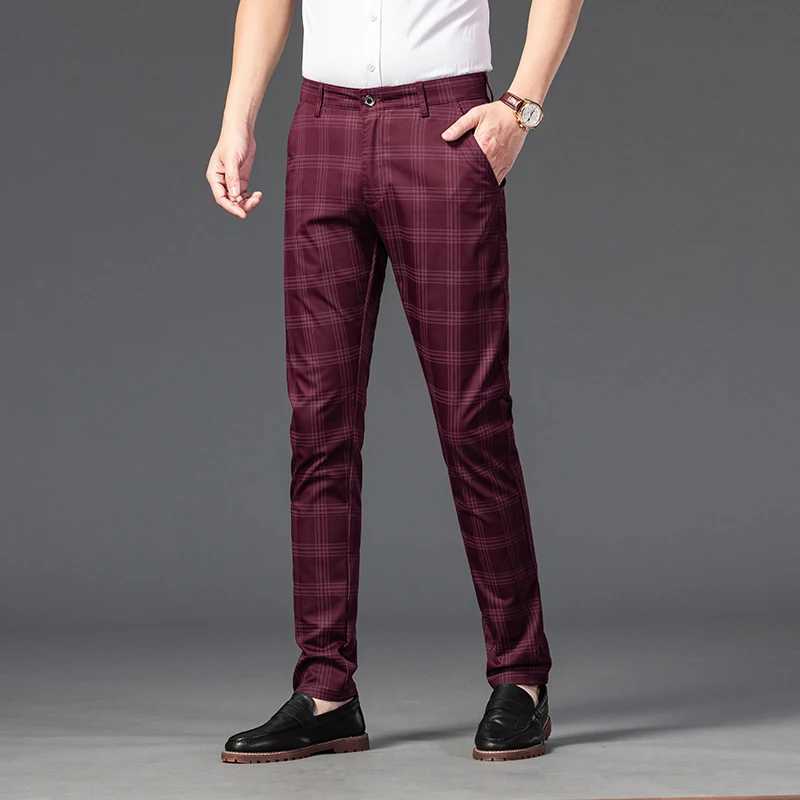 Men's Pants OUSSYU Brand Mens Plaid Pants Casual Elastic Long Trousers Cotton Blue Skinny Business Work Pant for Male Classic Clothing Y240514