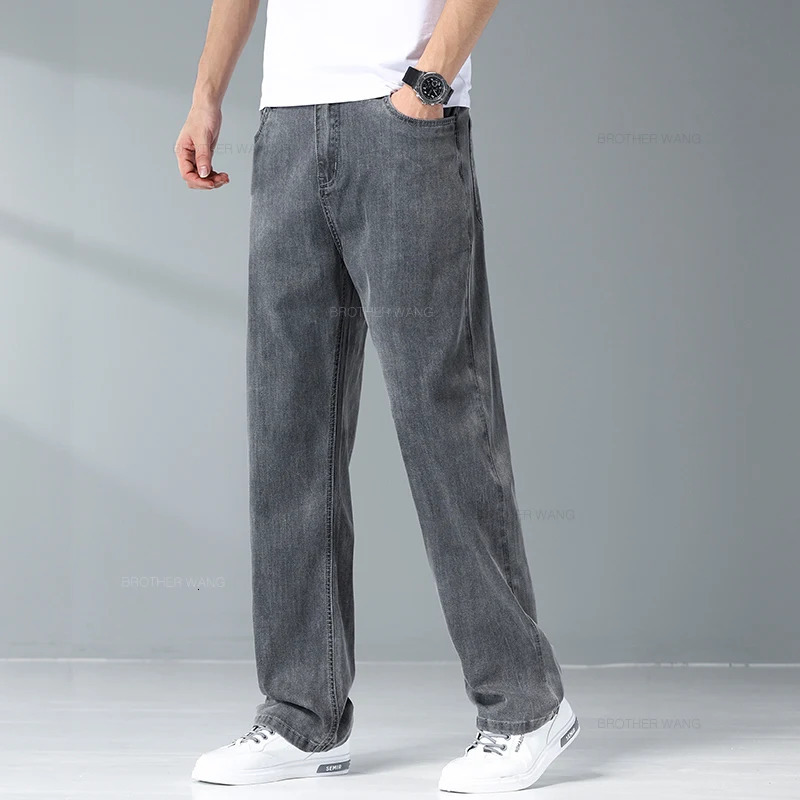 Summer Ice Silk Thin Light Gray Jeans for Men Loose Wide Leg Plus Size Casual Trousers High Quality Stretch Soft Fabric Pants 240430