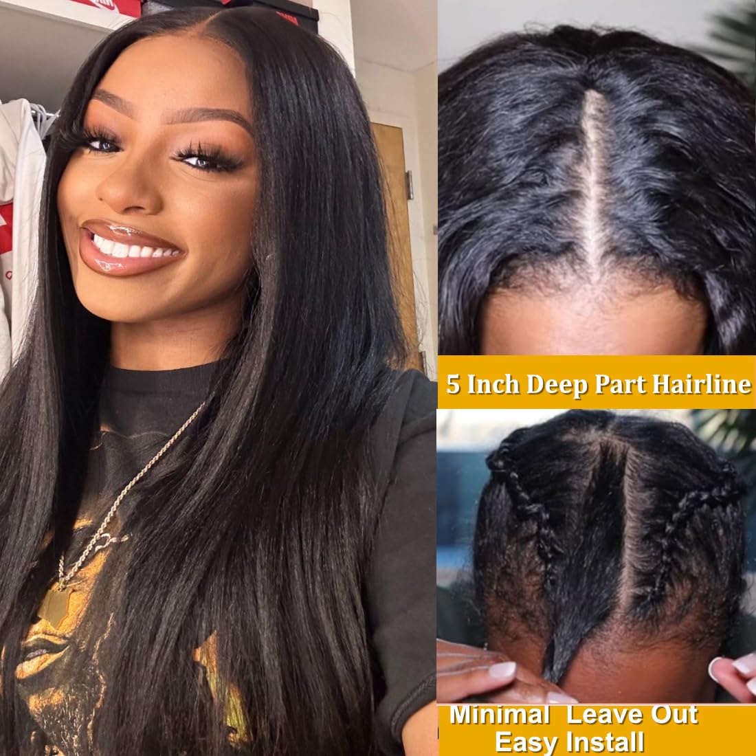 V Part Wig Yaki Straight Human Hair No Leave Out Glueless Upgraded for Women,10A Yaki Straight V-part Wigs V Shape Clip in Half Wig Ready to Go 150% D
