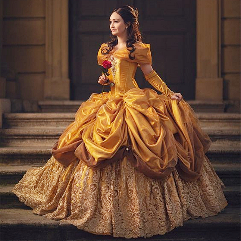 Princess Gold Quinceanera Dresses Off The Shoulder Corset Ruched Lace And Satin Floor Length Vintage Ball Gown Prom Cosplay Special Occasion Dress Swe