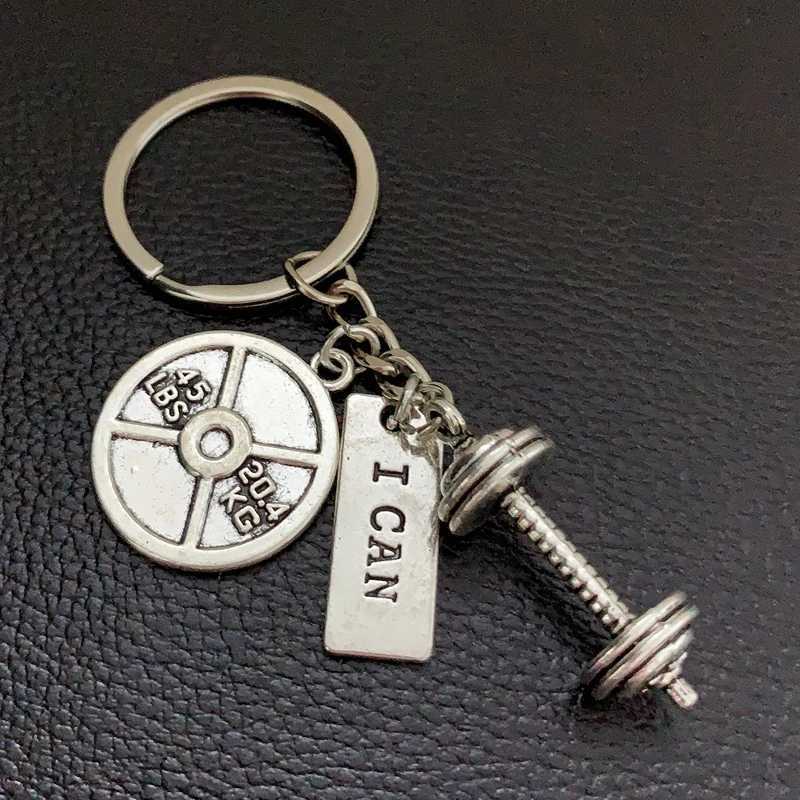 Keychains Lanyards 1pc Strength Sports Barbell Dumbbell Charm Weight Fitness With Words Gym Crossfit Keyring Keychain Gifts For Man Y240510