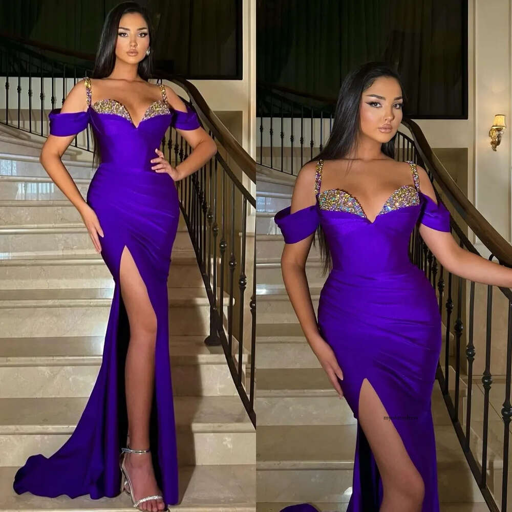 Sexy Purple Mermaid Prom Dress Rhinestones Straps Formal Evening Elegant Off Shoulder Split Party Dresses For Special Ocns Promdress 0515