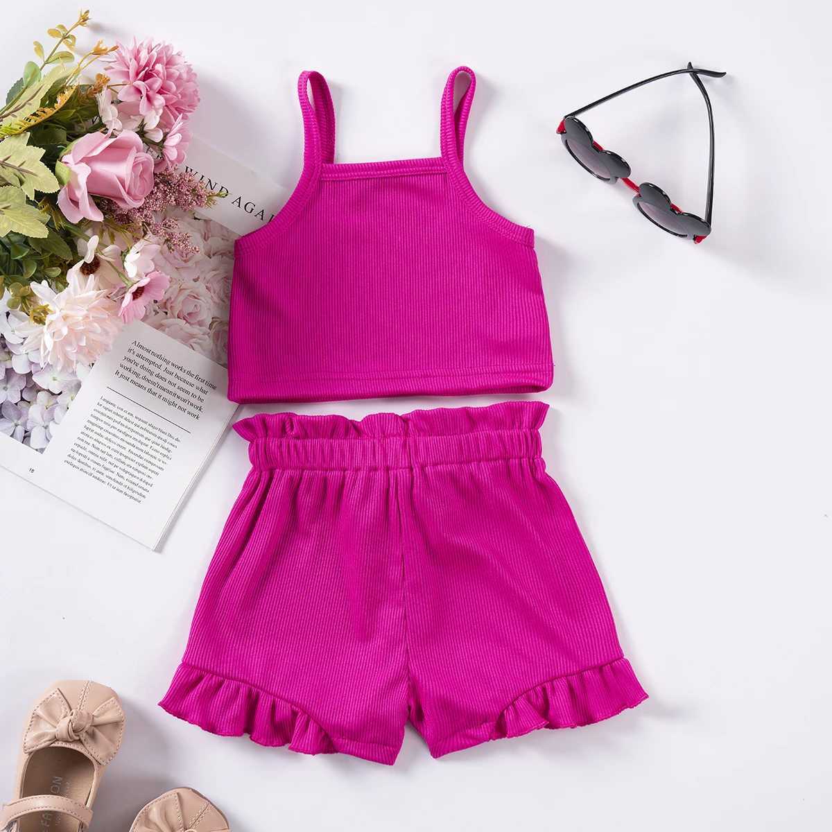 Clothing Sets Baby Girls Suspenders Solid Outfits Bowknot Elastic Waist Shorts Clothes Sets Cute Lovely Pink Casual Infant Clothes Sets 0-24M
