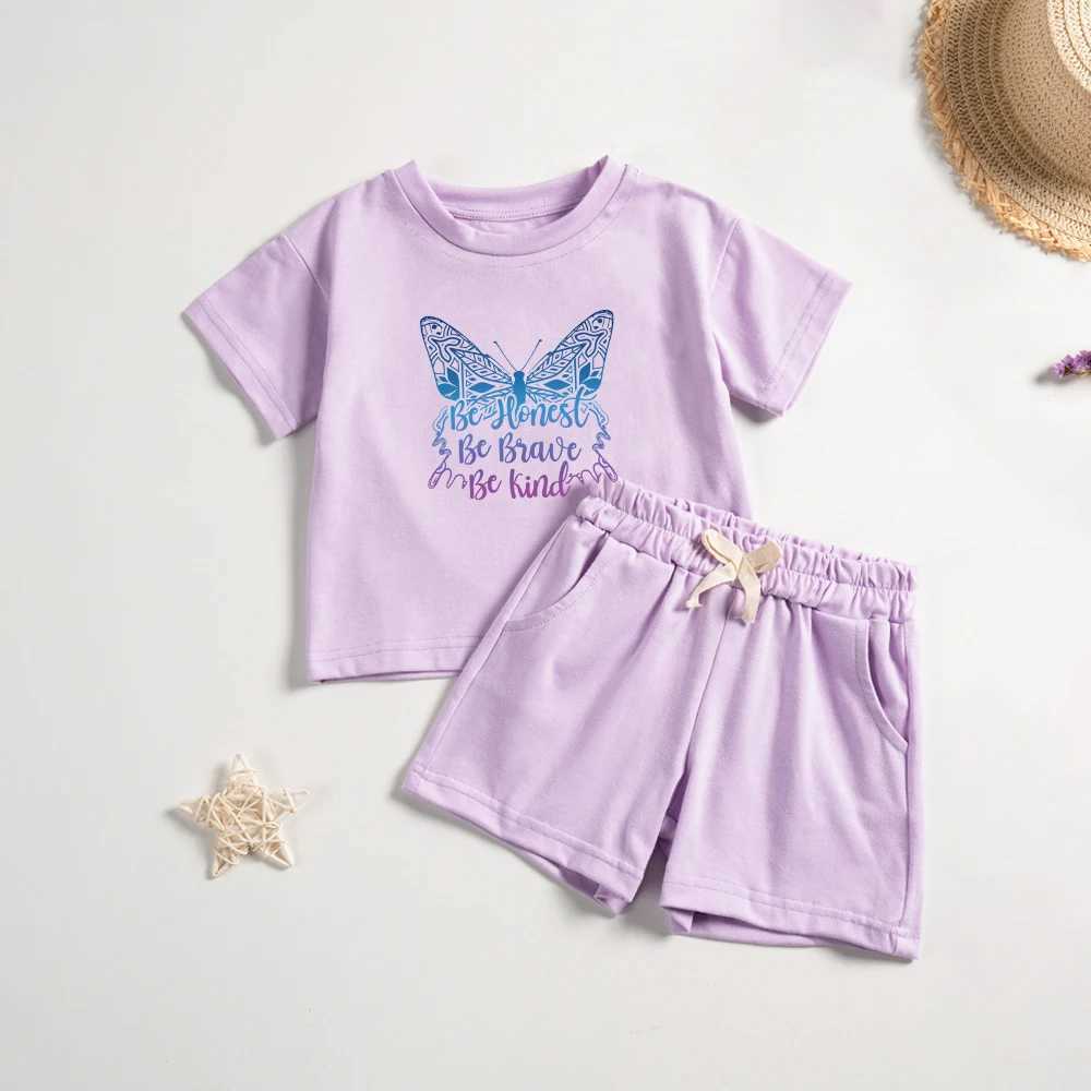 Clothing Sets 2pcs Girls Butterfly Pattern Outfit T-shirt Shorts Set Letter Print Causal Short Sleeve Top Kids Clothes for Summer