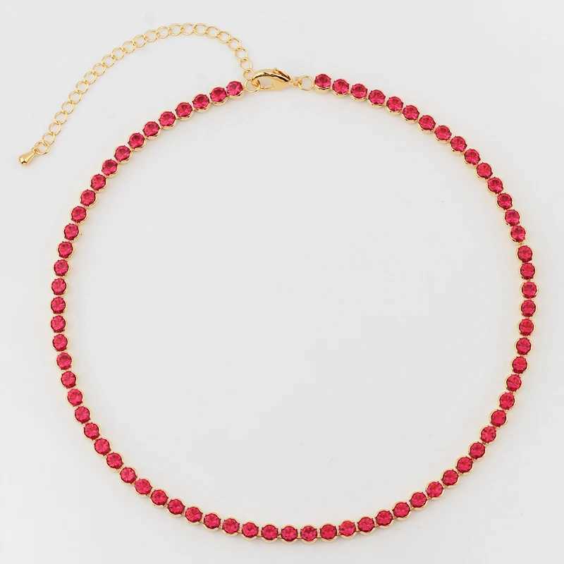 Tennis New Gold 1 Row Shining Colorful Neon Rainbow Ice Zircon Charm Thin CZ Tennis Chain 33+7CM Fashion Womens Necklace d240514