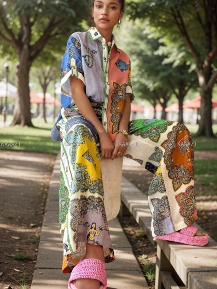 Fashion Polo Casual Loose Print Suits Women Short Sleeve Blouse Shirt Tops Pants Female 2 Piece Sets Outfits Clothes Holiday 240514