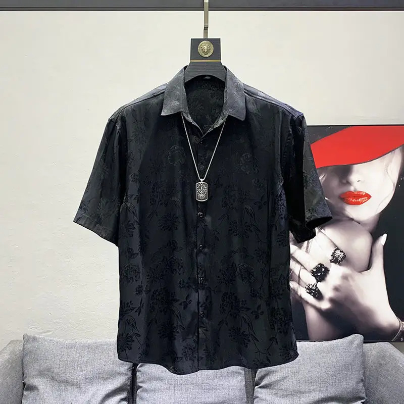 Mens high-quality retro floral casual street clothing Y2K button up shirt fashionable lapel black and white loose short sleeved top Ropa Hombre 240511
