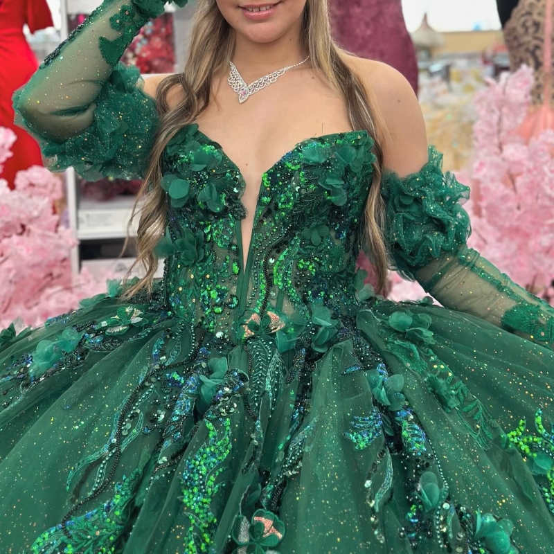 Emerald Green Shiny Princess Quinceanera Dress Off The Shoulder Ball Gown Lace Applique Beading Tull Corset Sweet 16 Vestido 15 De Anos