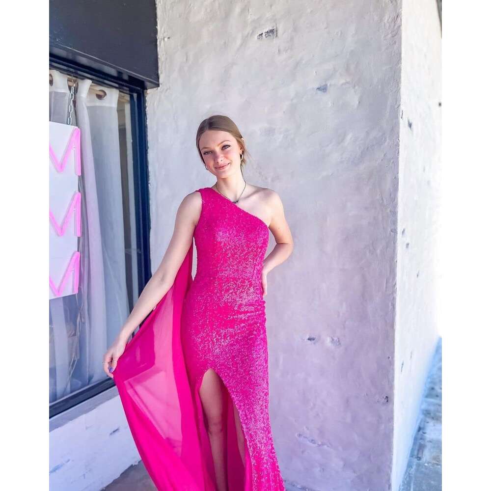 One Shoulder Sequin Prom Dresses with Cape Mermaid Evening Gowns Slit Backless Formal Dress prom AMZ