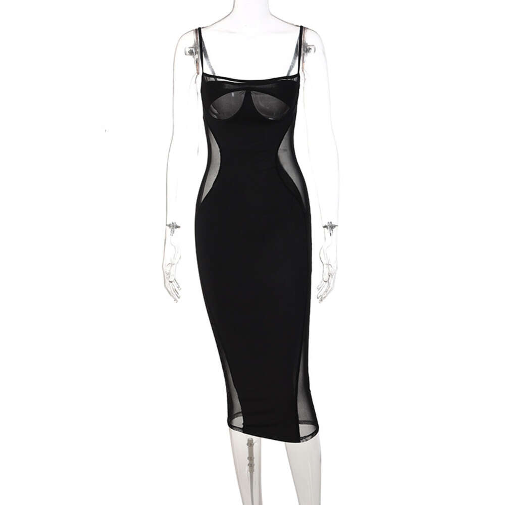 2024 Spring Explosive New Mesh Spliced Solid Color Chest Support Slim Fit Dress for Women F51530