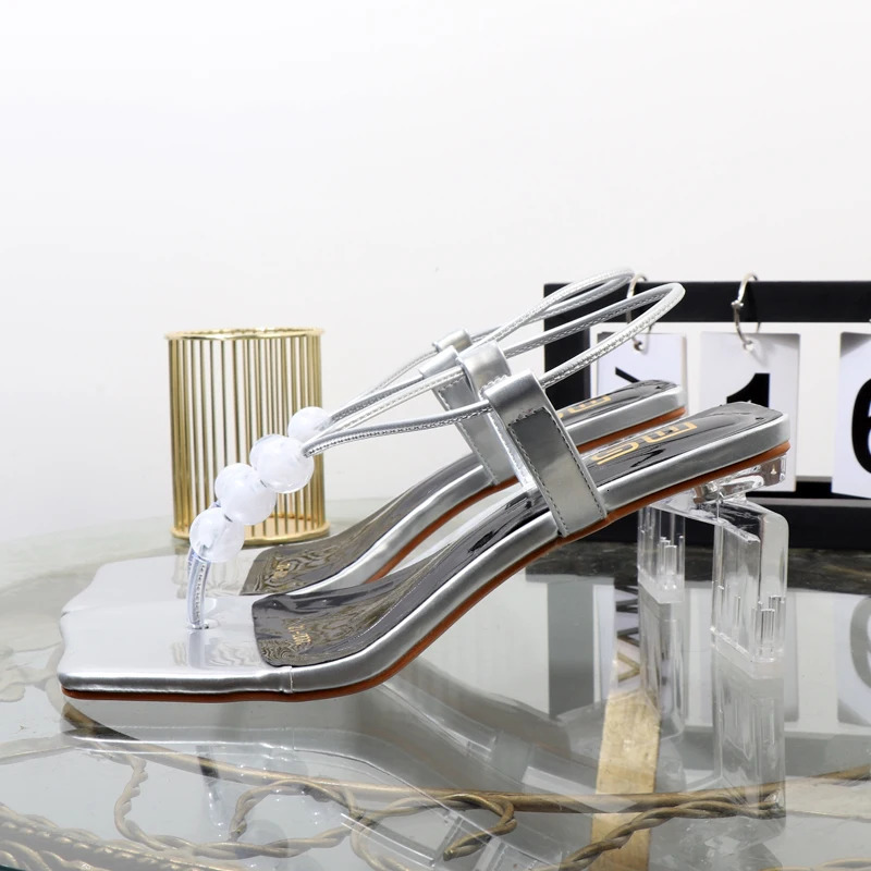 Beaded sandals summer toe clip transparent high-heeled womens shoes Western fashion banquet heeles sandals string of beads 240514