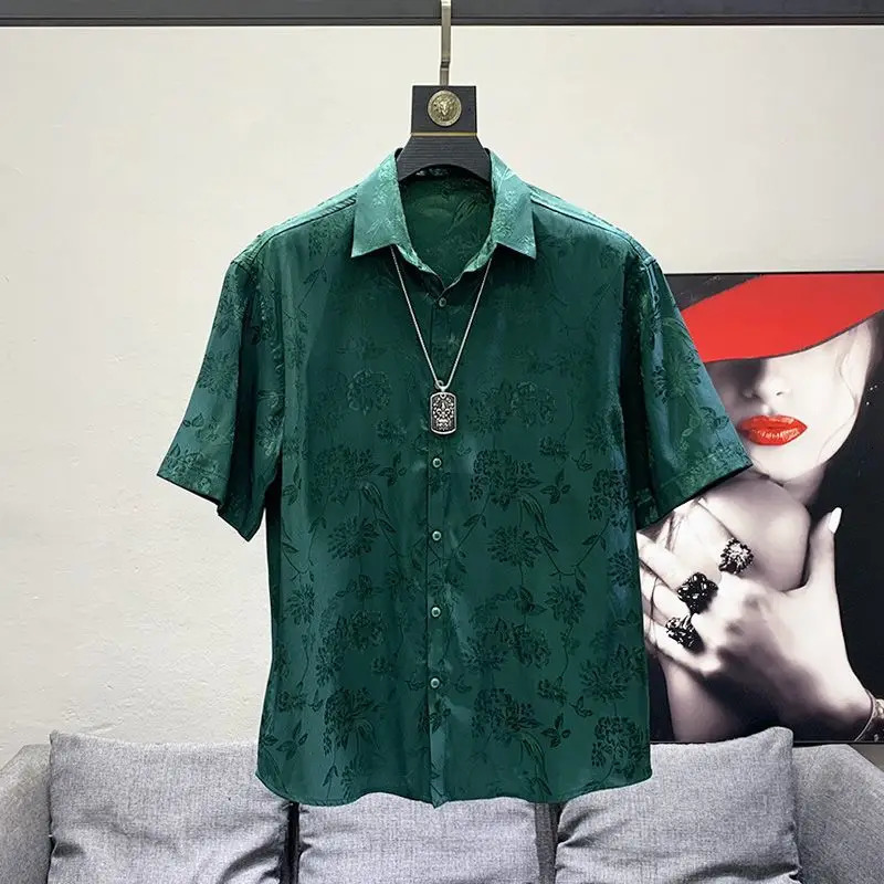 Mens high-quality retro floral casual street clothing Y2K button up shirt fashionable lapel black and white loose short sleeved top Ropa Hombre 240511