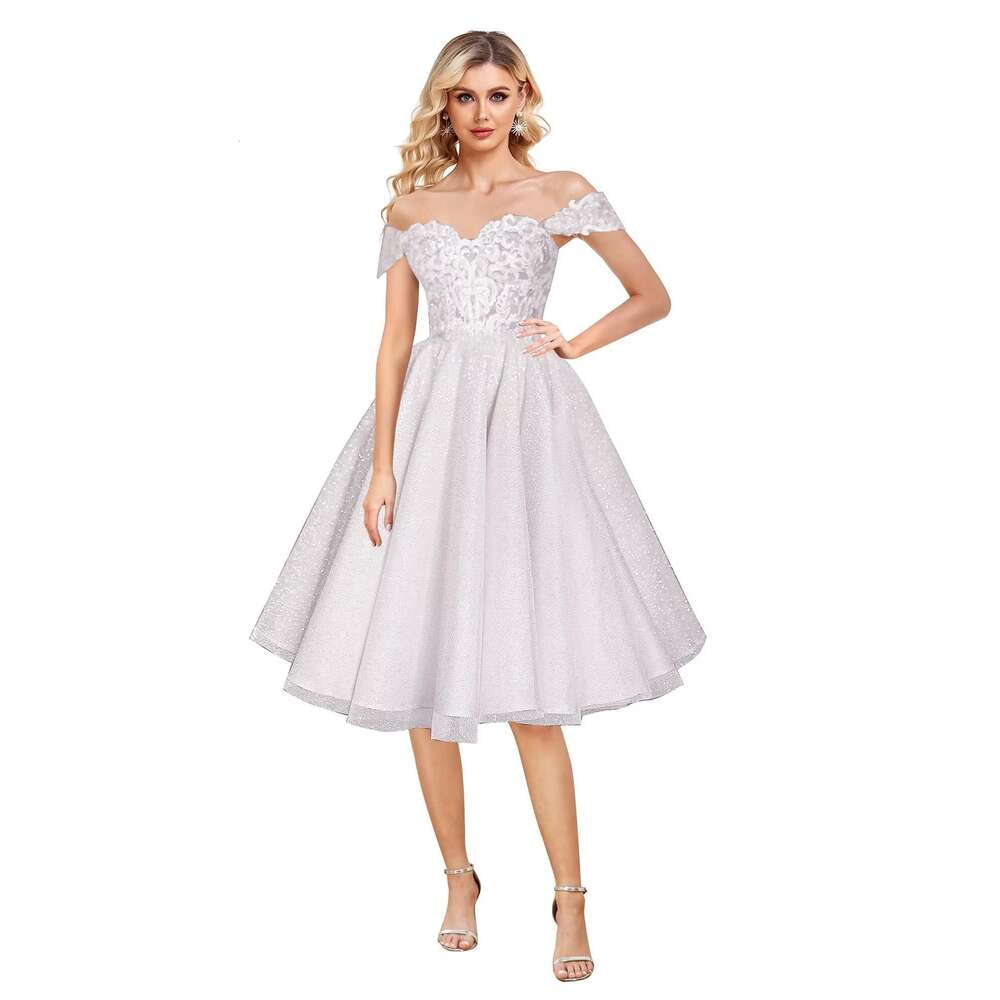 Off Shoulder Lace Applique Homecoming Dress A Line Tea Length Sparkly Tulle Prom Dresses Formal Party Cocktail Evening Gowns BC19436