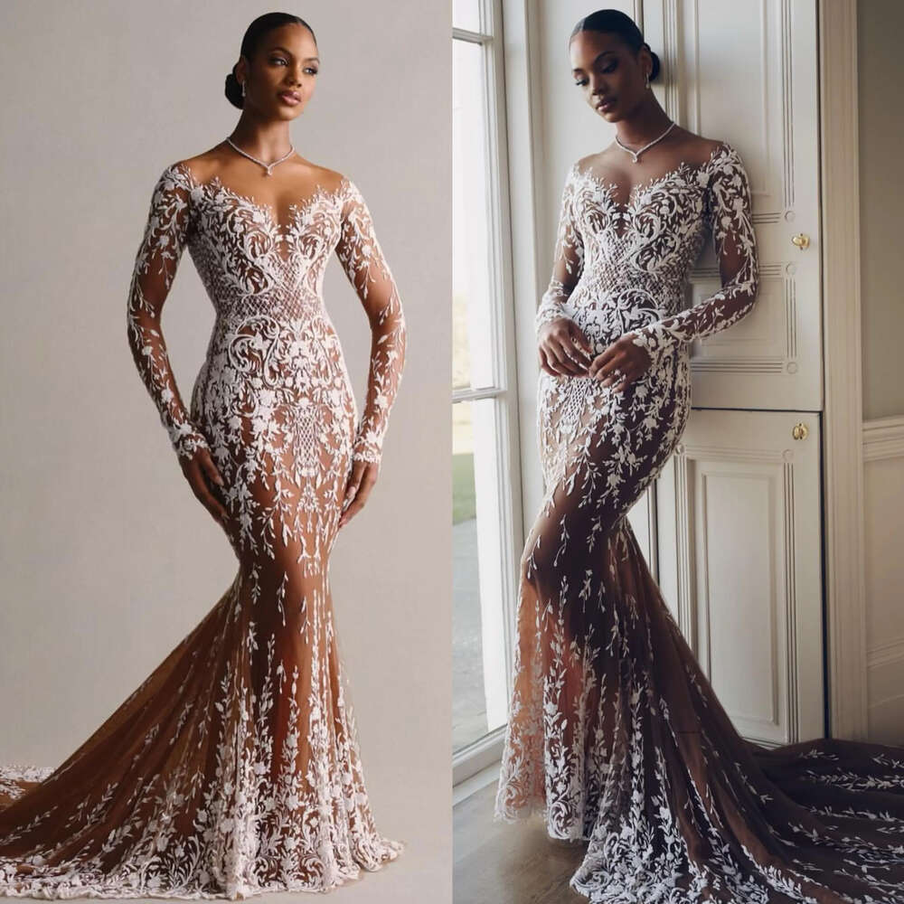 Stunning Chart Mermaid Wedding Dress Tan Illusion Long Sleeves Fulllace Wedding Dresses Bridal Gowns Sweep Train Lacefull Designer Bride Dress 0515