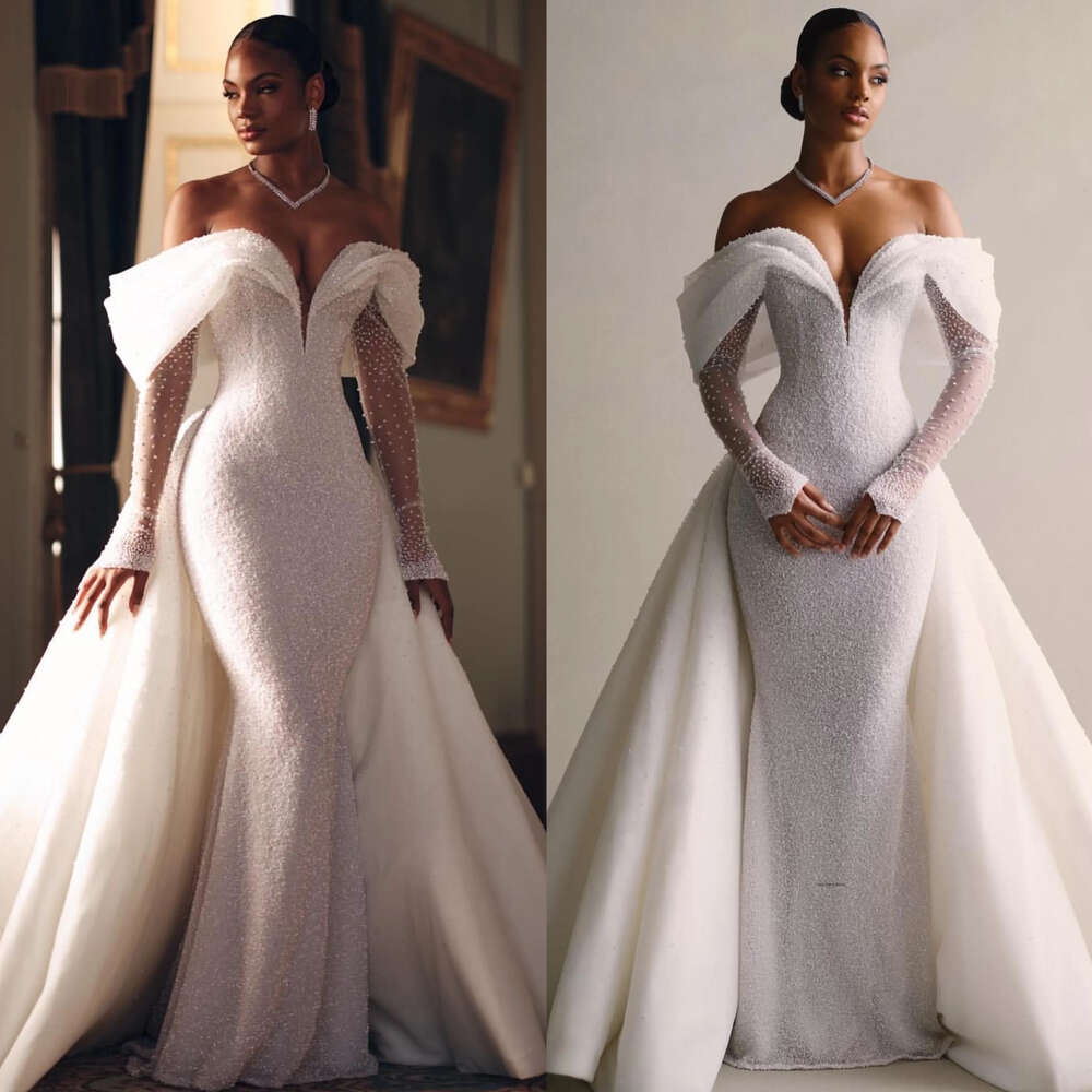 Stunning Chart Mermaid Wedding Dress Overskirts Off Shoulder Long Sleeves Beaded Wedding Dresses Bridal Gowns Sweep Train Designer Bride Dress 0515