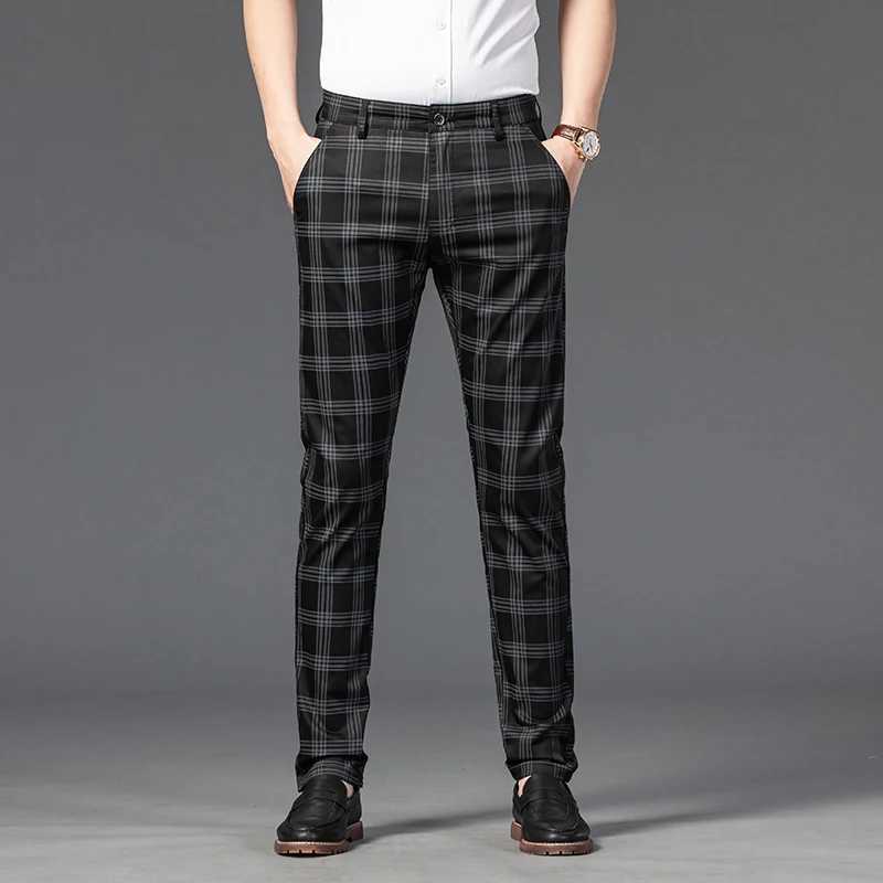 Men's Pants OUSSYU Brand Mens Plaid Pants Casual Elastic Long Trousers Cotton Blue Skinny Business Work Pant for Male Classic Clothing Y240514