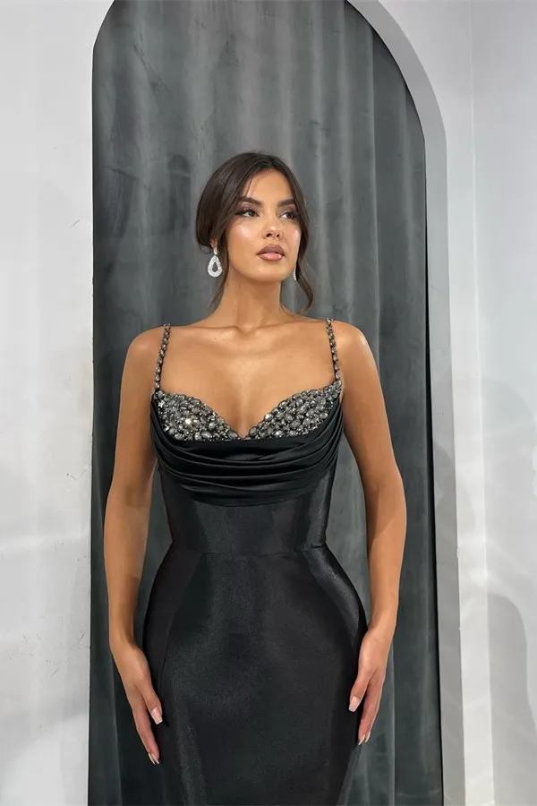 Evening Black Dresses Arabic Dubai Sexy Beaded Spaghetti Straps Mermaid Prom Gowns Women Party Ocn Vestidos Bc