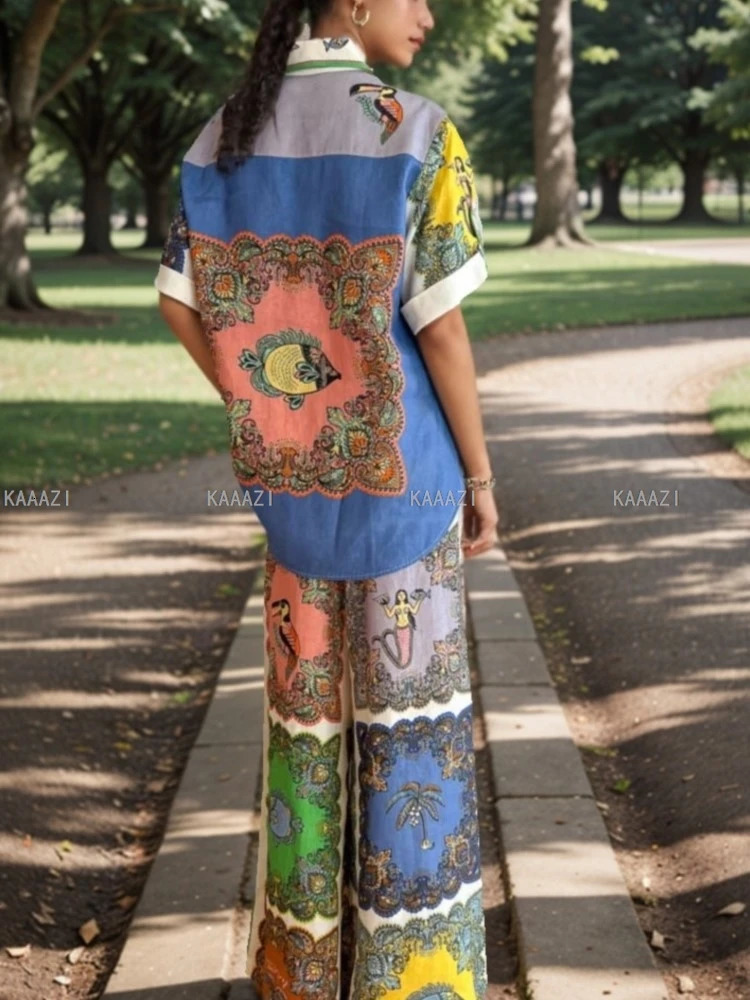 Fashion Polo Casual Loose Print Suits Women Short Sleeve Blouse Shirt Tops Pants Female 2 Piece Sets Outfits Clothes Holiday 240514