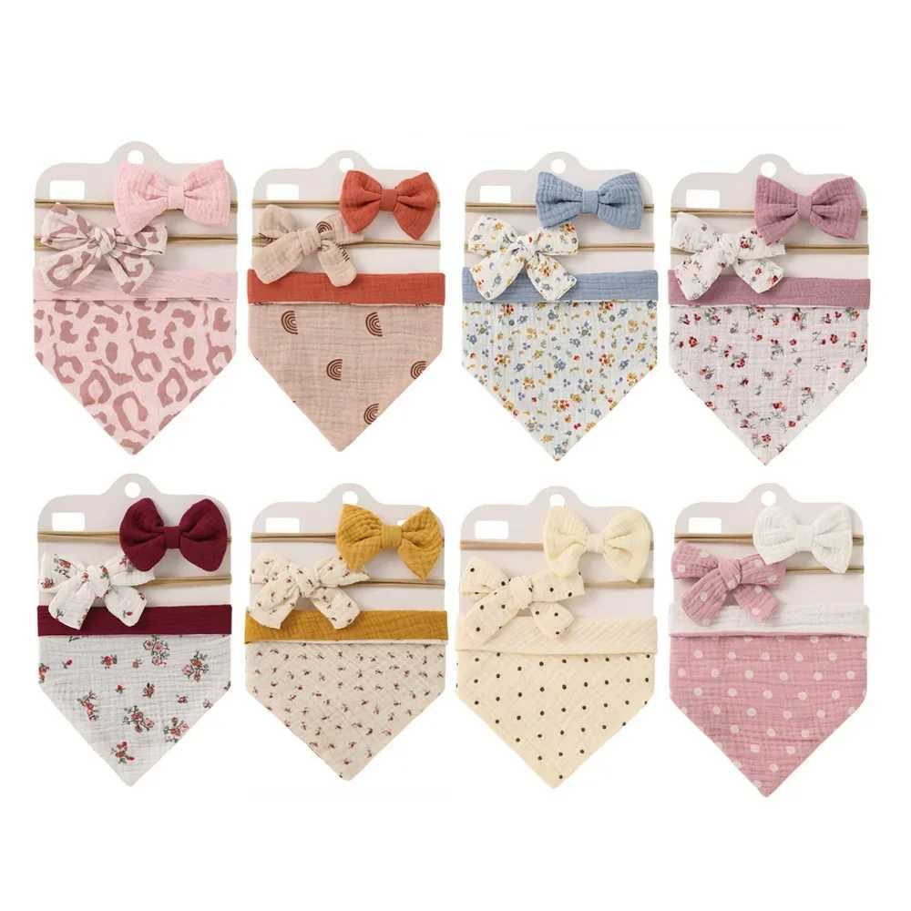 Bibs Burp Cloths 3Pcs/Set Muslin Cotton Baby Bib Newborn Bows Headband Triangle Print Saliva Towel Infant Boy Girl Feeding Burp Cloth Shower GiftL4812