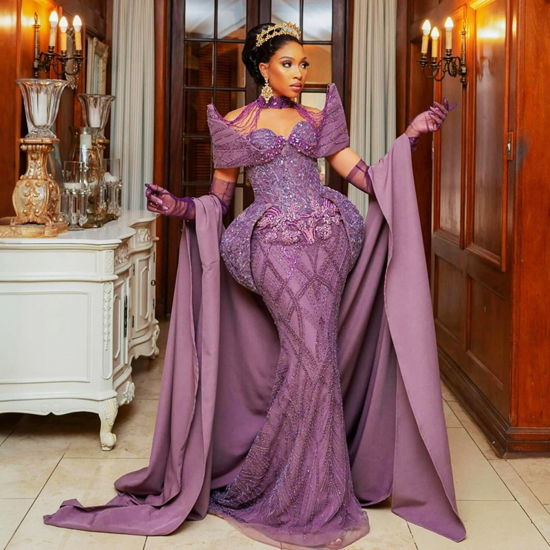 2024 Lilac Plus Size Prom Dresses for Special Occasions Promdress Illusion High Neck Beaded Rhinestones Lace Crystals Tassel Birthday Second Reception