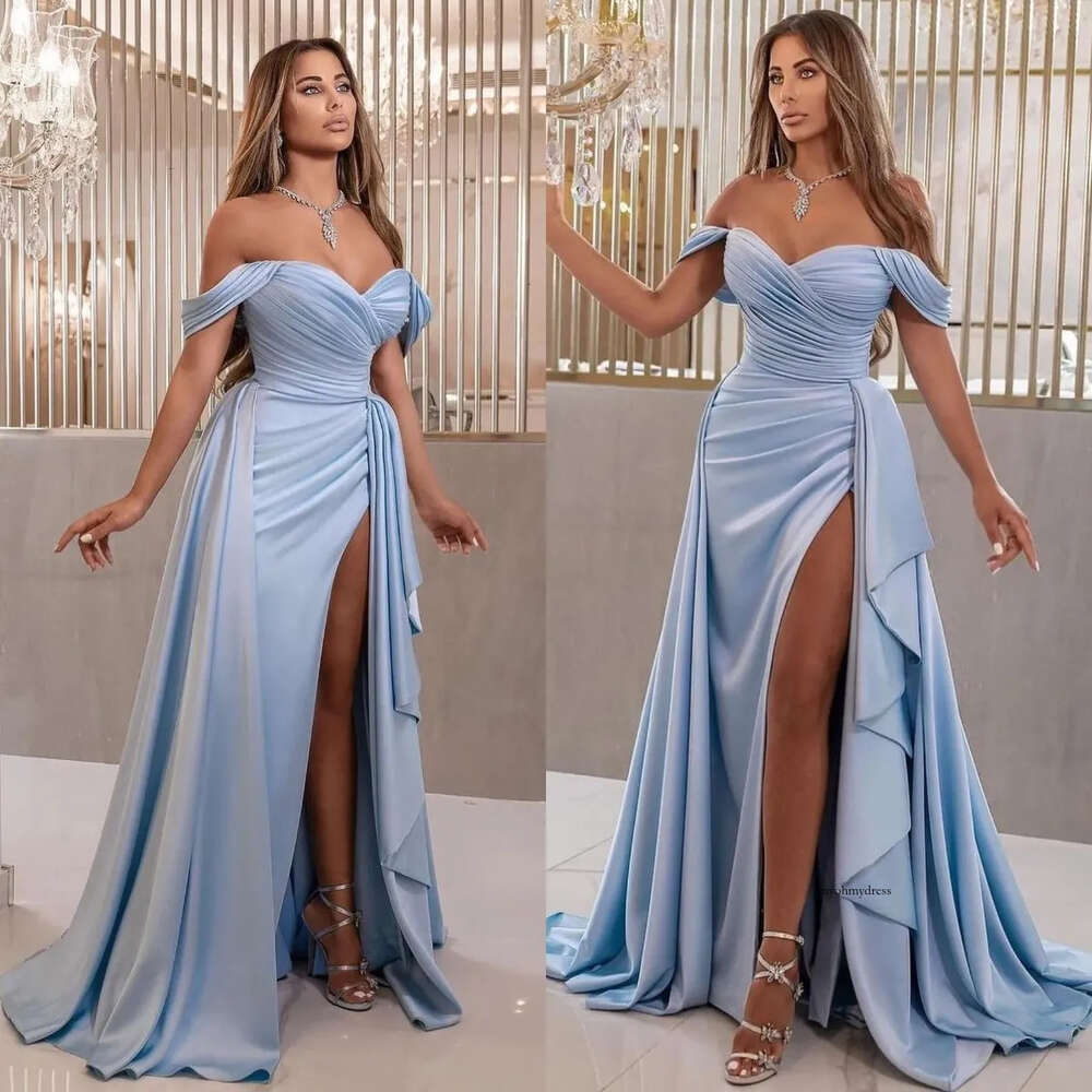 Rami Salamoun Blue Evening Elegant Off Shoulder Pleats Prom Dress Overskirts Dresses For Special Ocns Thigh Split Promdress 0515